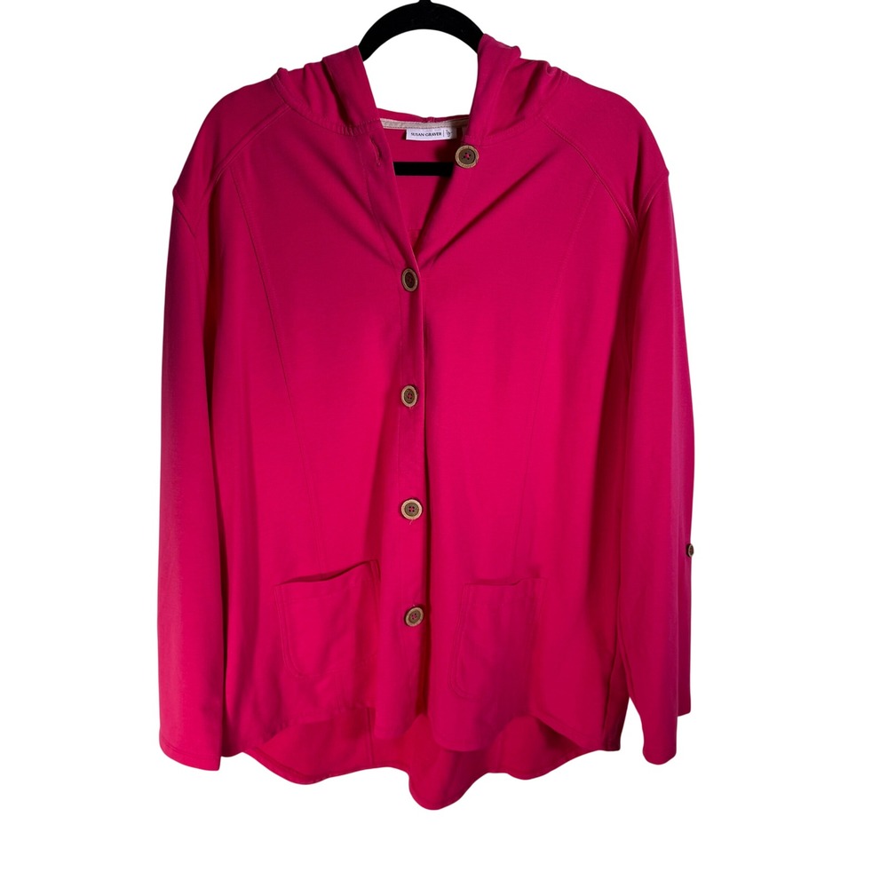 Susan Graver Weekend Pink Button Front Hooded Cardigan Jacket XL Roll Tab Sleeve